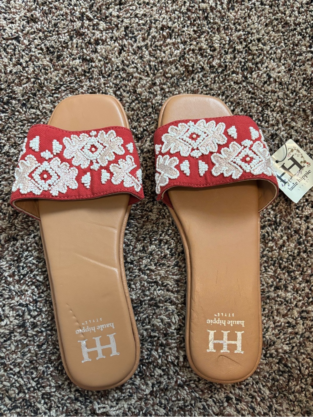 Haute Hippie Red Slide Sandals with White Embroidery
